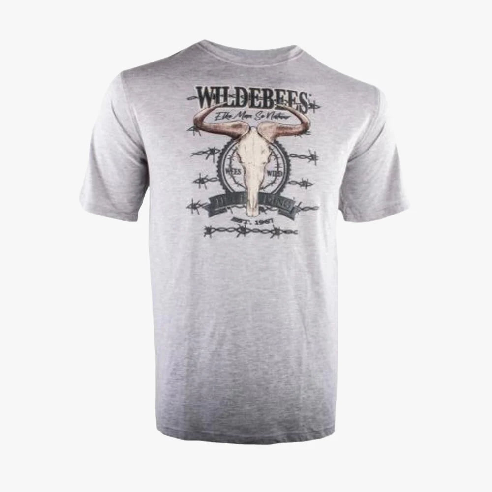 Wildebees Mens Casual Barbed Skull Tee - Grey Mel