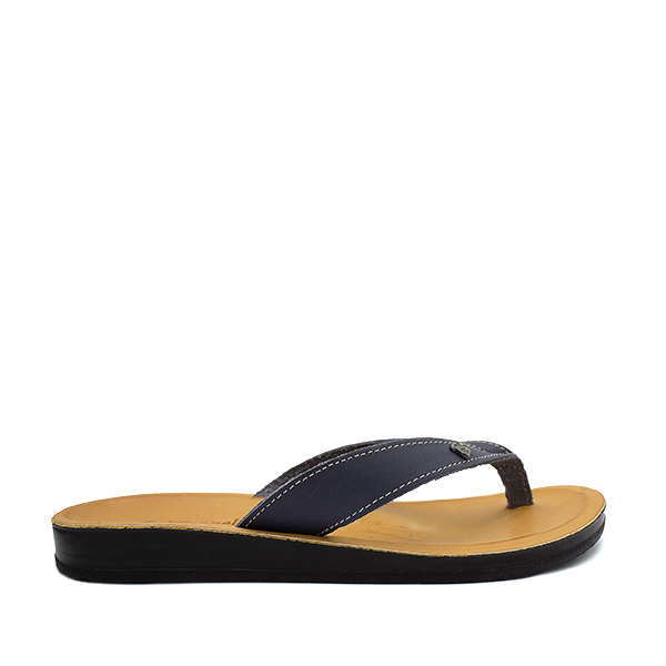 A navy-colored Angelsoft Alexis sandal with a leather foot bed and a flexible PU sole, designed with arch support.