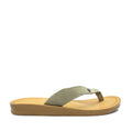 A pair of olive green Angelsoft Alexis sandals with a simple strap design and a flat sole.