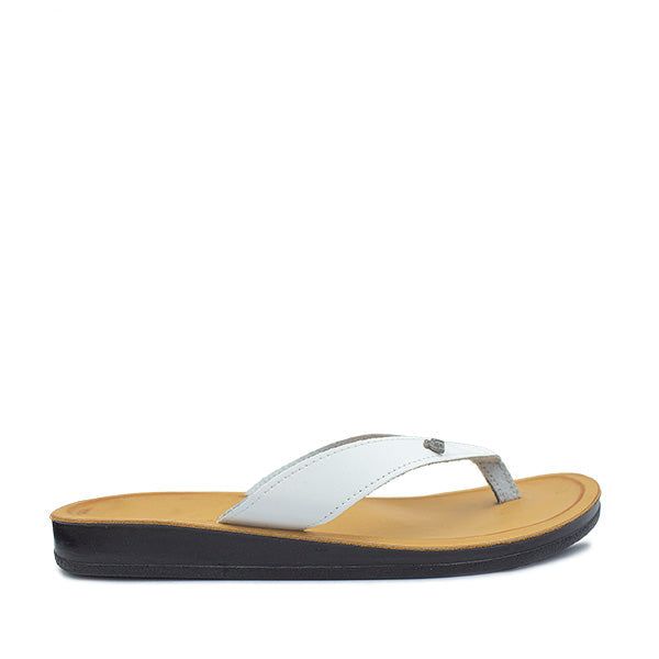 A white leather sandal with a light brown sole, featuring a simple strap design.