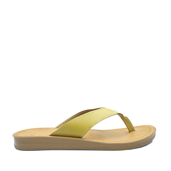 Angelsoft Jenna  Mustard sandals featuring a leather foot bed with arch support and a flexible PU sole, made in South Africa.