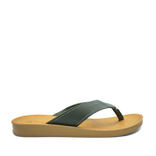 Angelsoft Jenna Olive sandals featuring a leather foot bed with arch support and a flexible PU sole, made in South Africa.