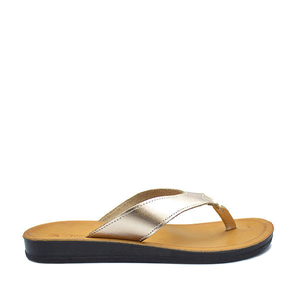Angelsoft Jenna Rose Gold sandals featuring a leather foot bed with arch support and a flexible PU sole, made in South Africa.