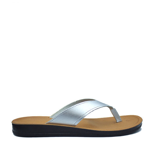 Angelsoft Jenna Silver sandals featuring a leather foot bed with arch support and a flexible PU sole, made in South Africa.