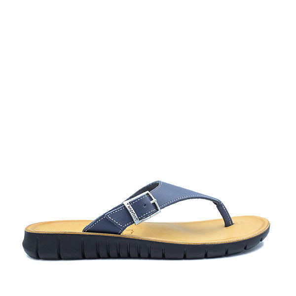 A navy-colored Angelsoft sandal with a leather foot bed and arch support, featuring a strap with a buckle and a lightweight flexible sole.