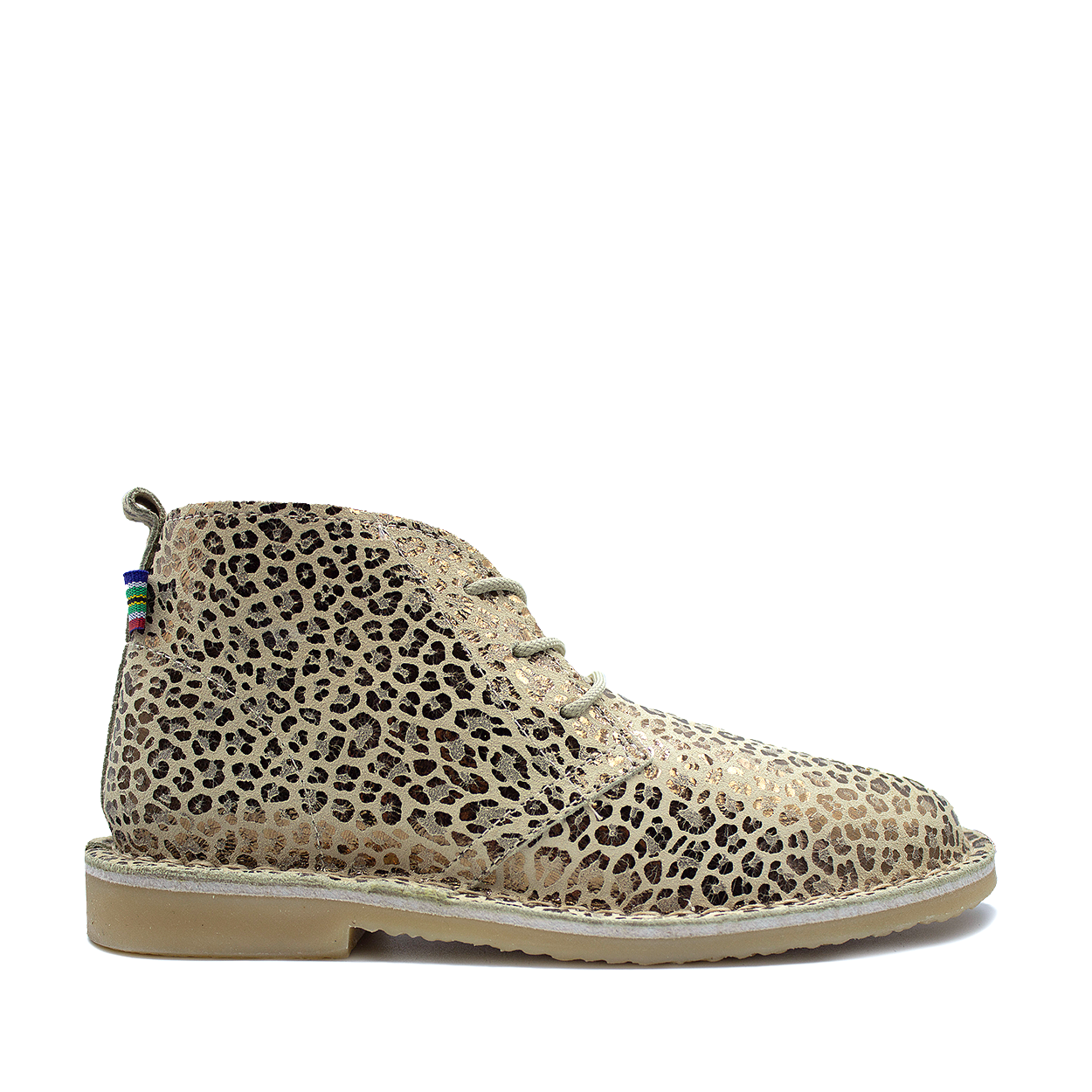 A women's beige leopard print ankle boot with lace-up closure.