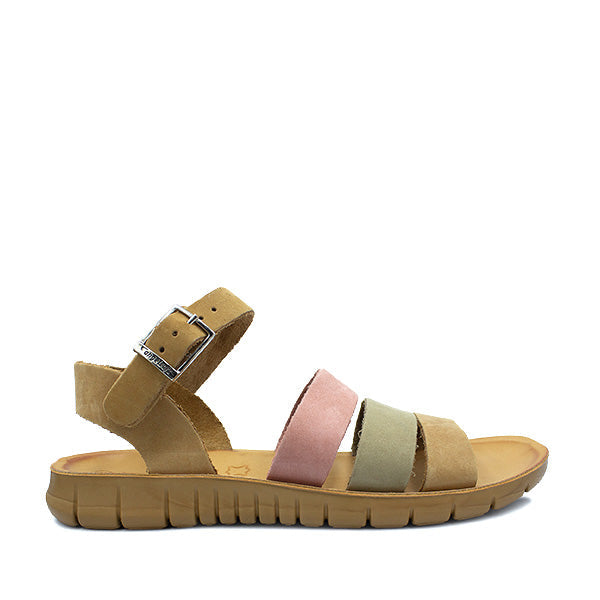 A sandal with tan, olive, and pink straps and a lightweight tan sole.