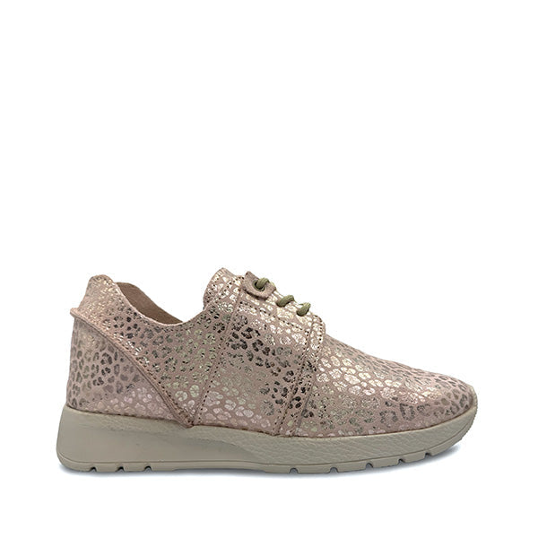A pair of Angelsoft Lynn leopard print pink sneakers with lace-up closure.