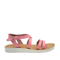 Angelsoft Nikki Dusty Pink sandals with leather straps and a buckle closure, featuring an anatomically designed leather foot bed with arch support.