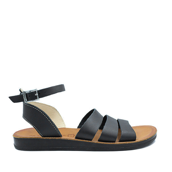 Black Angelsoft Scarlett sandals featuring a leather foot bed with arch support and a flexible PU sole, made in South Africa.