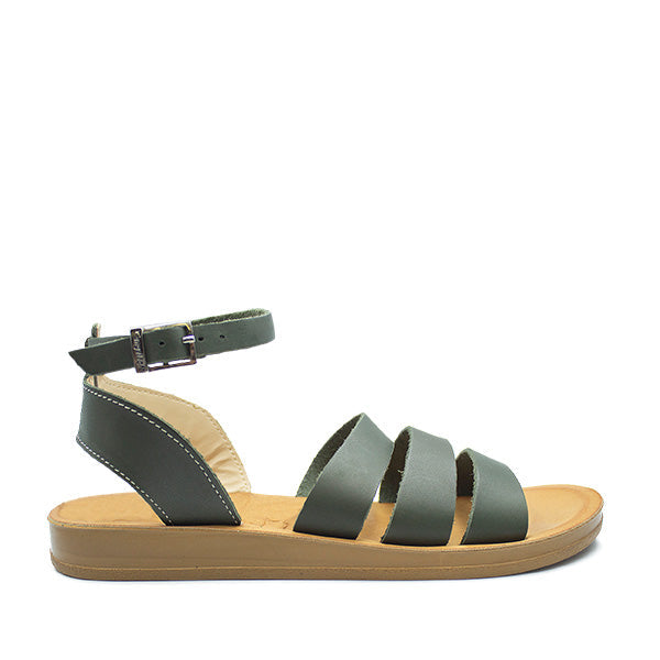Angelsoft Scarlett  Olive sandals featuring a leather foot bed with arch support and a flexible PU sole, made in South Africa.