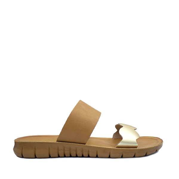 Angelsoft Sienna gold tan women's sandals with a soft leather upper and a lightweight flexible PU sole, featuring anatomical arch support.
