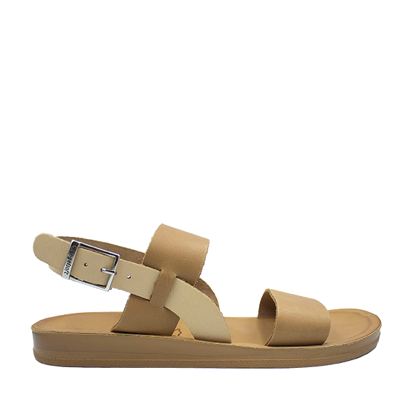 Angelsoft Tanya in Tan NUde sandals with a buckle closure, leather foot bed. Featuring a flat sole and arch support.
