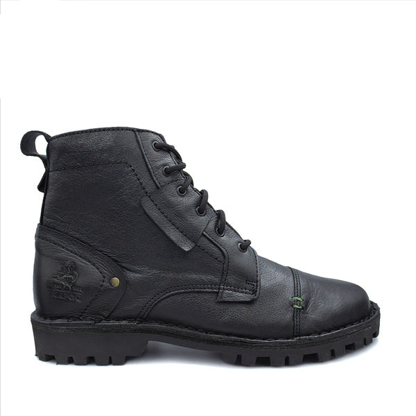 A black leather ankle boot with lace-up closure and a low heel.