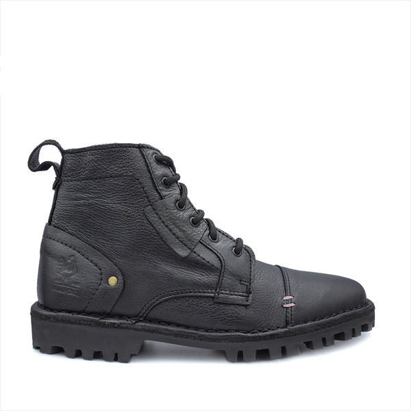 A black ankle boot with lace-up closure, made of premium leather.