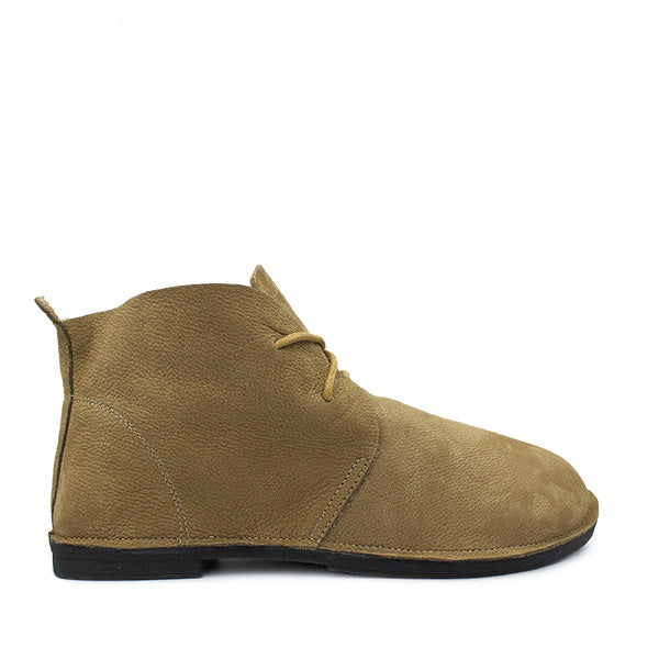 A khaki-colored ankle boot made of suede with a low heel and lace-up closure.