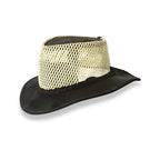 A folding hat with a mesh crown and a plaited hatband, predominantly in black and brown colors.