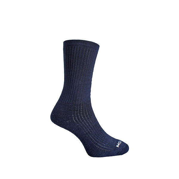 A single navy-colored diabetic sock with a non-restrictive top design, featuring a ribbed construction and a branded tag on the side.