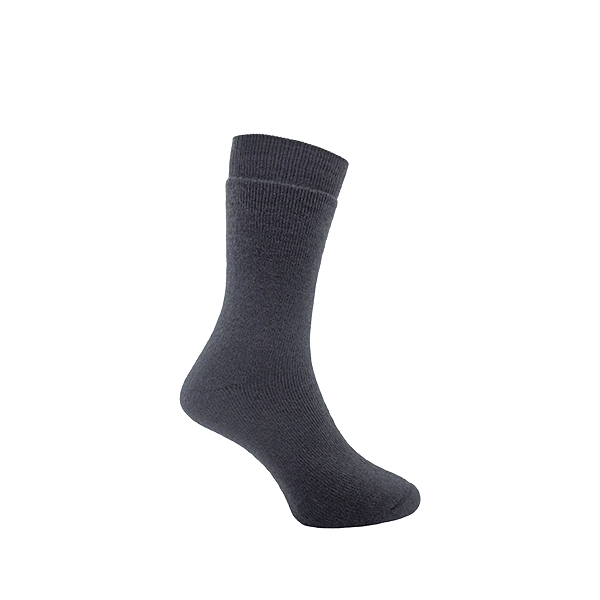 A pair of gray, cushioned, merino wool leg hiking socks.