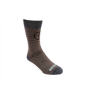 A brown patterned sock with cushioned mohair leg, featuring a logo on the ankle area.