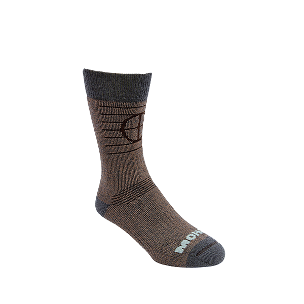 A brown patterned sock with cushioned mohair leg, featuring a logo on the ankle area.