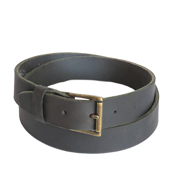 A black waxed leather belt with an antique brass plated buckle.
