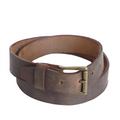 A brown waxed leather belt with an antique brass plated buckle.