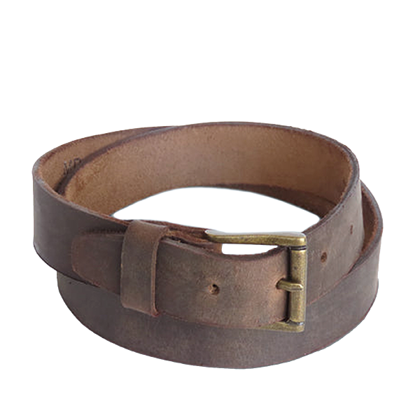 A brown waxed leather belt with an antique brass plated buckle.