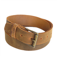 A tan-colored waxed leather belt with an antique brass plated buckle.