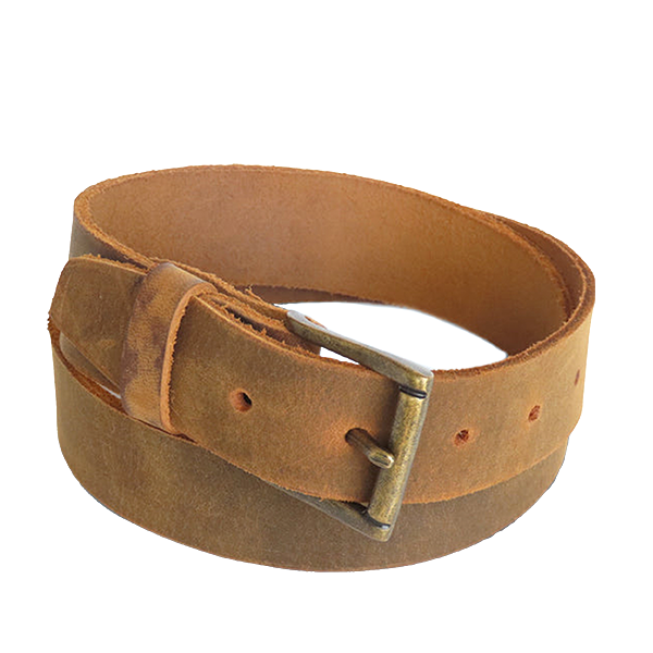 A tan-colored waxed leather belt with an antique brass plated buckle.