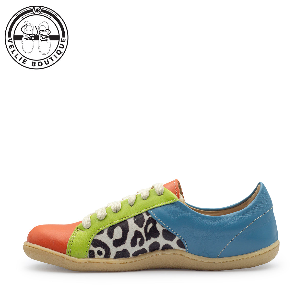 Multicolored sneaker with leopard print pattern on a white background