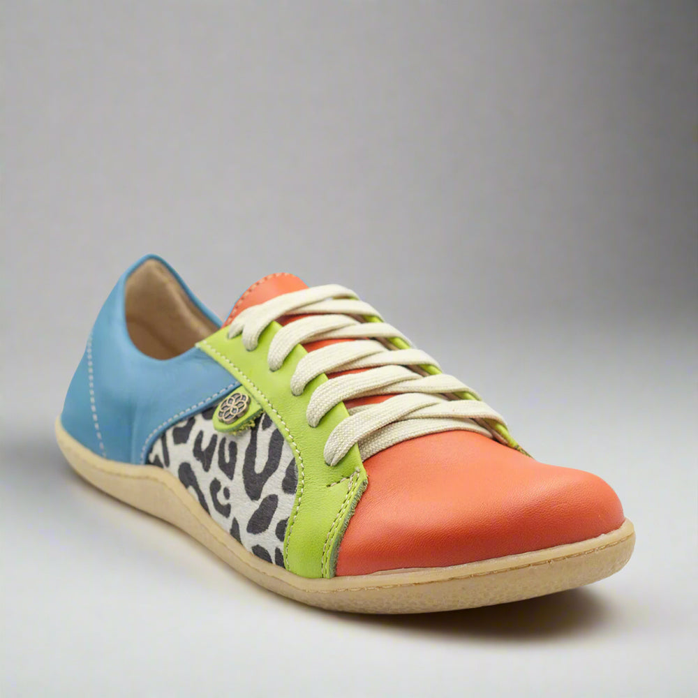 
                  
                    Colorful sneaker, veldskoen with leopard print accents
                  
                