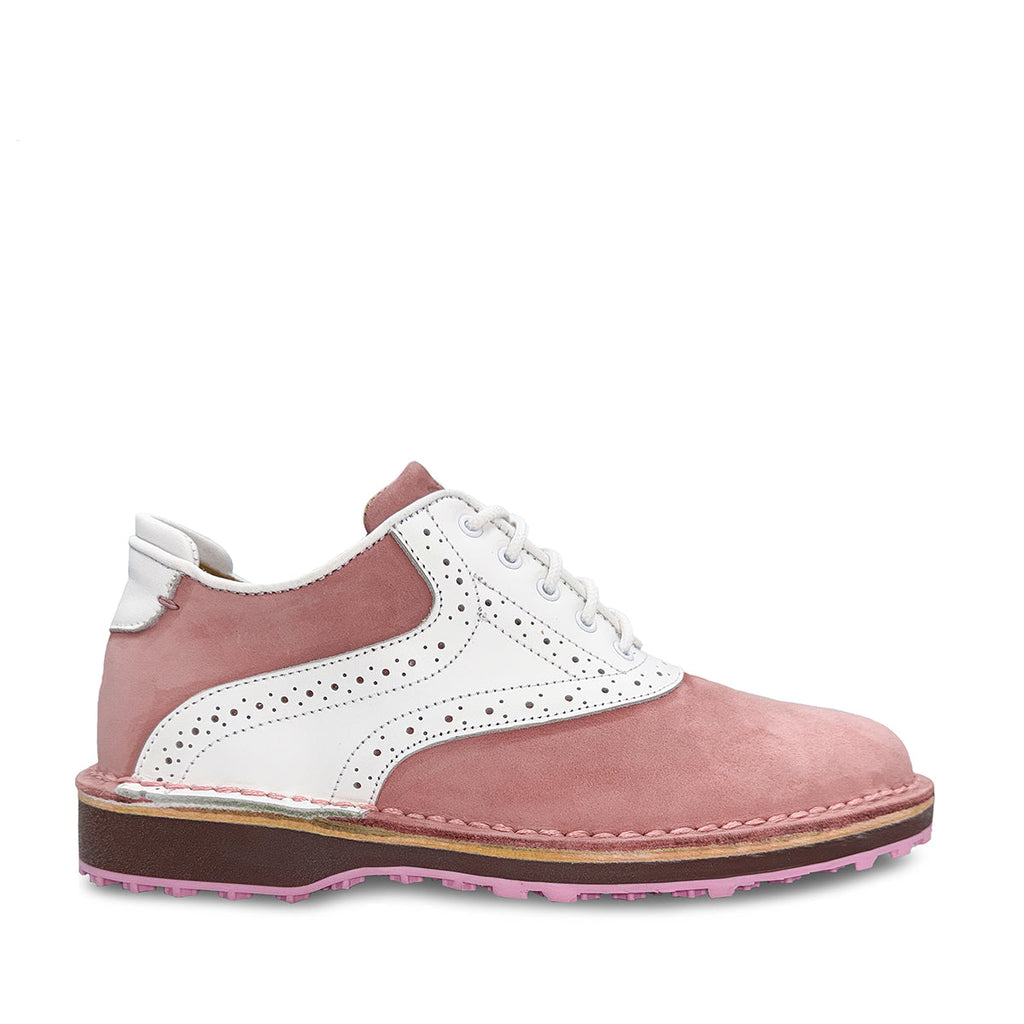 Pink and white ladies golf shoe with pink sole.