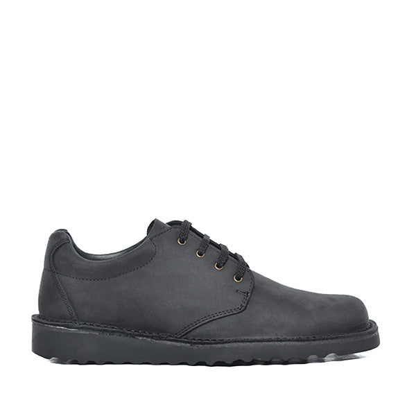 A black, lace-up, handcrafted leather shoe for men.