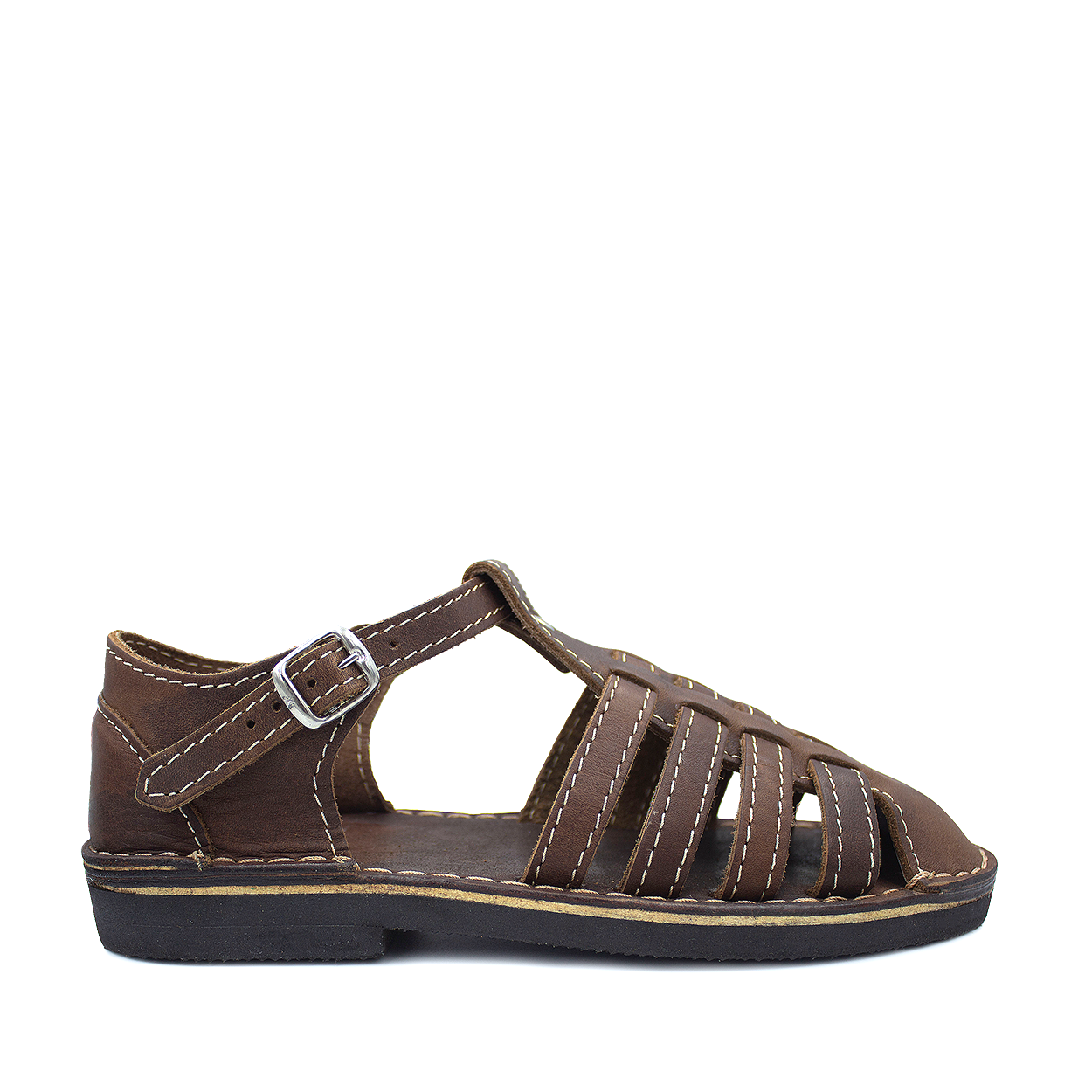 A pair of brown soft leather sandals with buckle closure and straps, displayed against a white background.