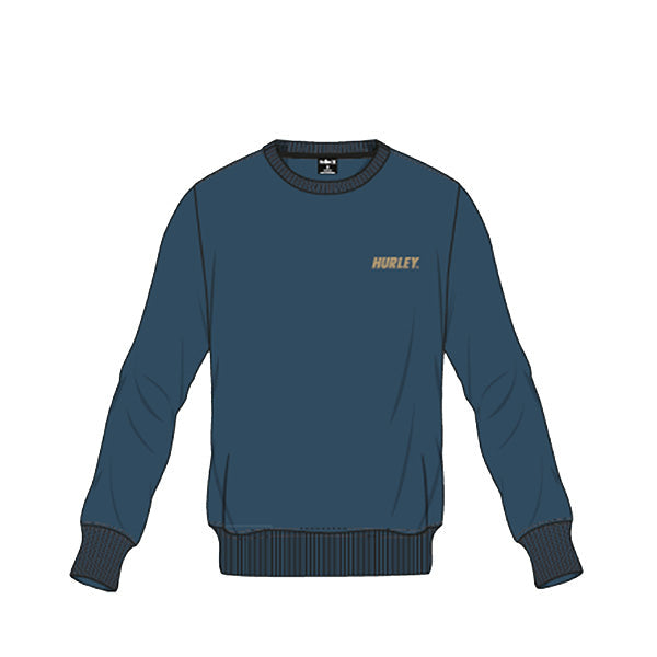 Illustration of a Hurley Men's Fastlane Crew Fleece in blue color with the brand logo visible.