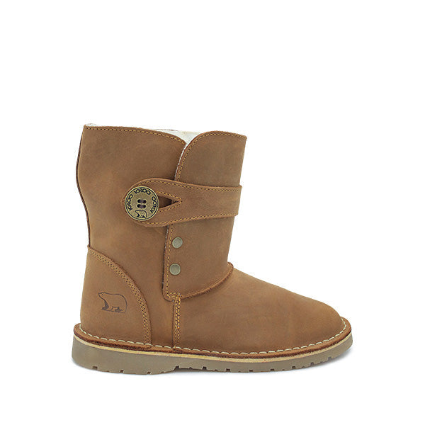 A pair of Igloo Alaska Boots Santiago in Dark Brown, featuring a velcro strap and a round metal Igloo logo on the side.