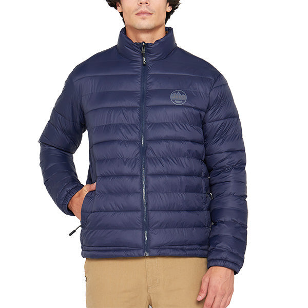 A man wearing a navy puffer jacket with long sleeves, branded with 'JEEP' on the chest area.
