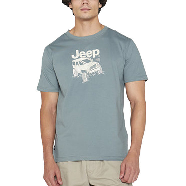 A male model wearing a blue JEEP branded graphic tee with short sleeves.