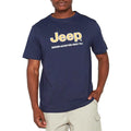 A man wearing a navy blue JEEP logo applique tee with short sleeves and a crew neck.