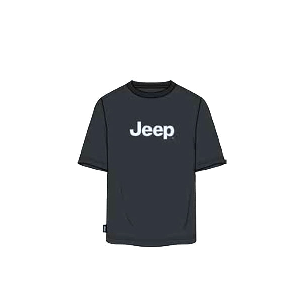 A black crew neck t-shirt with the JEEP logo printed across the front.