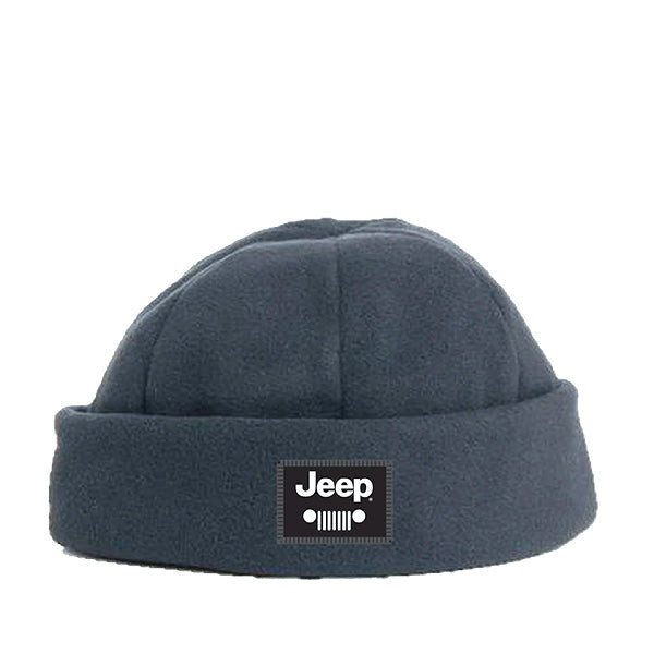 A navy blue JEEP polar fleece beanie with the brand's logo on the front.