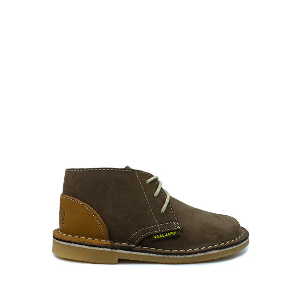 A kid's brown leather Vellie with lace-up closure.