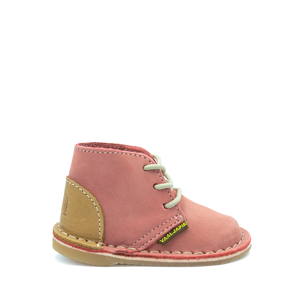 A pink leather children's Vellie with lace-up closure, made by Vellie Boutique.