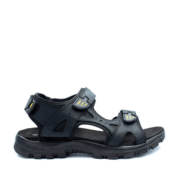 A black Jeep Trackhwack open-toe sandal with hook and loop closures and a trail-rated outsole.