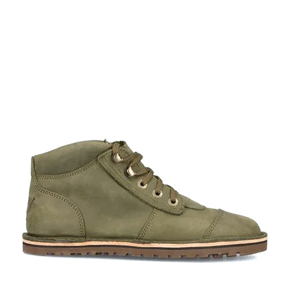 An adventure Boot by Jim Green with a Barefoot design and sole for that natural feeling in Houston Green Leather
