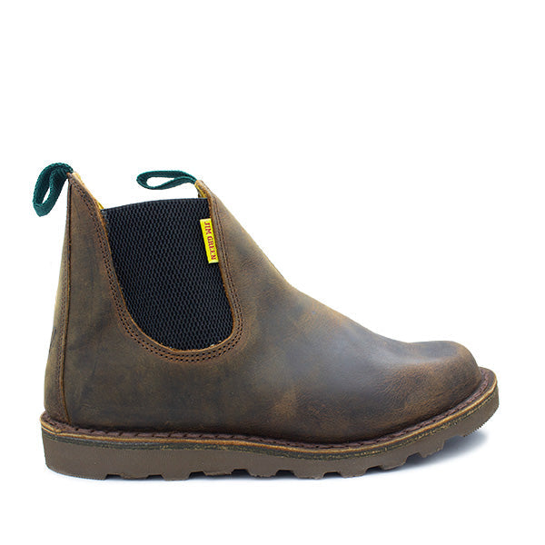 A brown  Bronco leather Stockman boot with a rubber sole and green pull tab, designed for men.