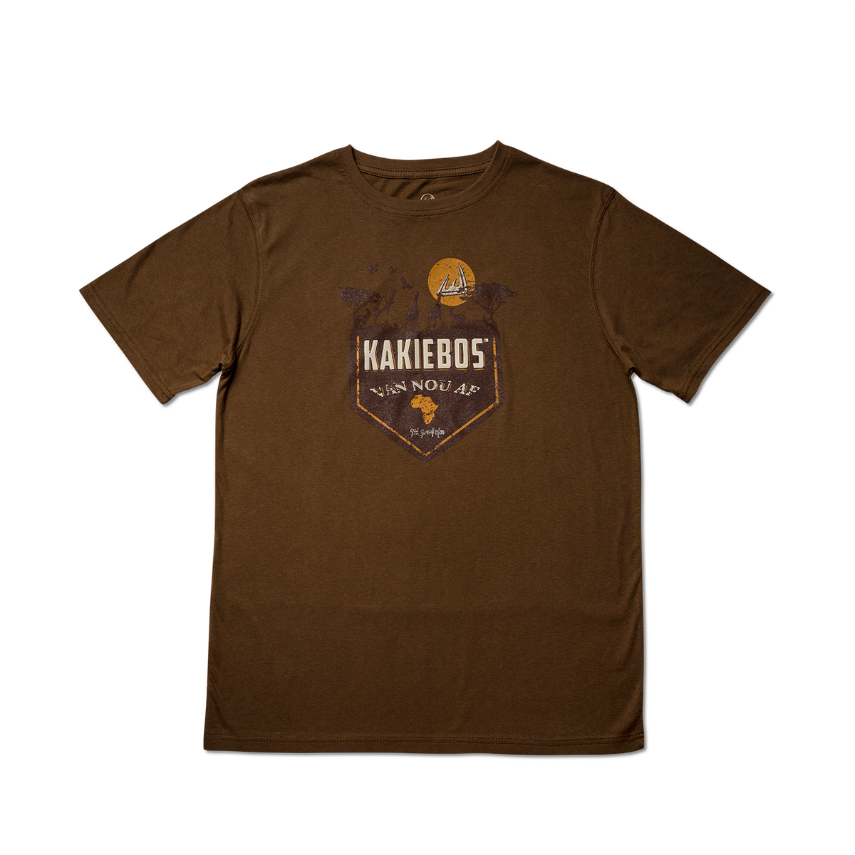 A brown T-shirt with the brand name 'Kakiebos' printed on the front.
