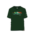 A forest green colored t-shirt with text 'Kakiebos' printed across the front in a stylized font.
