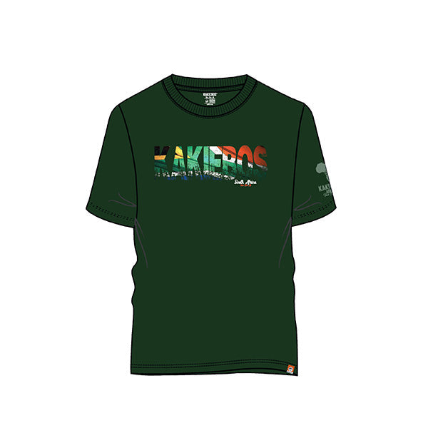 A forest green colored t-shirt with text 'Kakiebos' printed across the front in a stylized font.